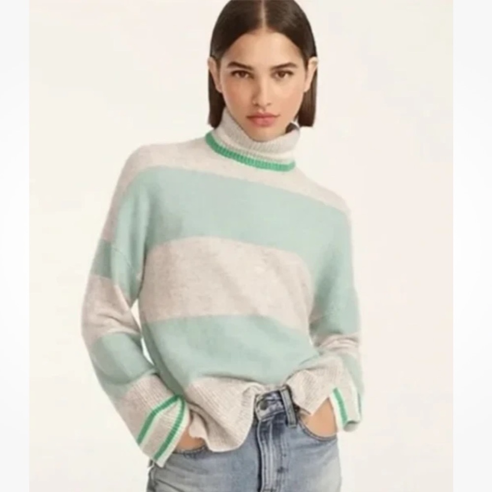 J Crew Sz S Wide Stripe Turtleneck In Super Soft Yarn Alpaca Blend Green Gray - Picture 2 of 8